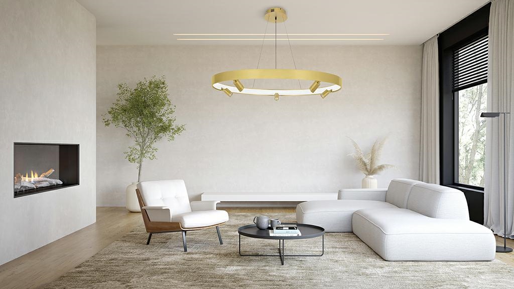 Interior of modern living room with fireplace 3 D rendering