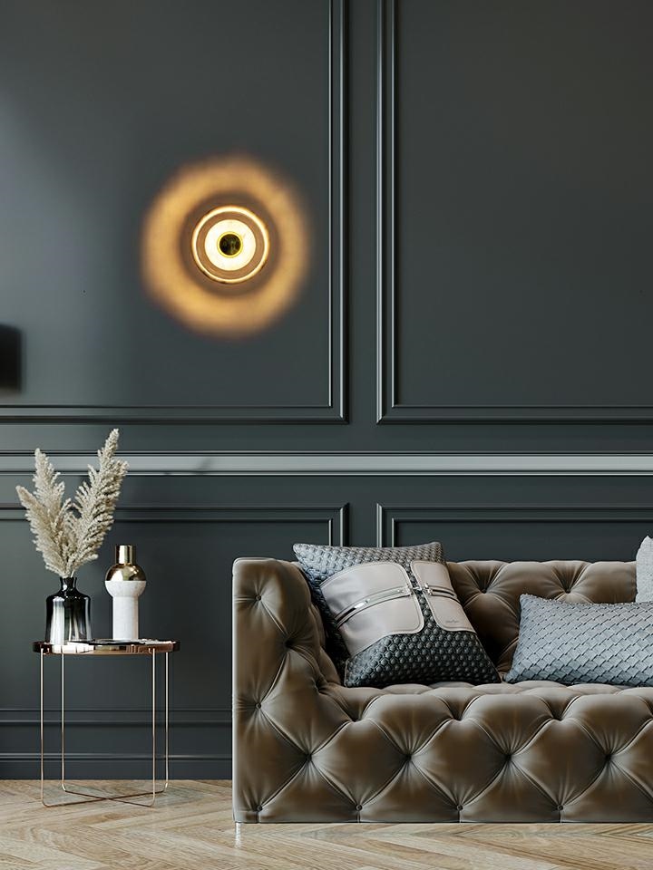 brown sofa in luxury black room,3d rendering MOOSEE lampa ścienna ARCO biała znajdziesz w ofercie sklepu internetowego plantip.pl