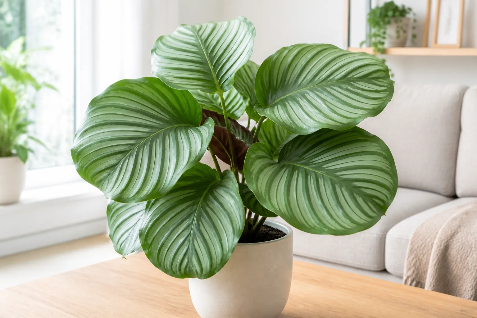 Calathea orbifolia w jasnym wnętrzu, z dużymi okrągłymi liśćmi w srebrzyste pasy