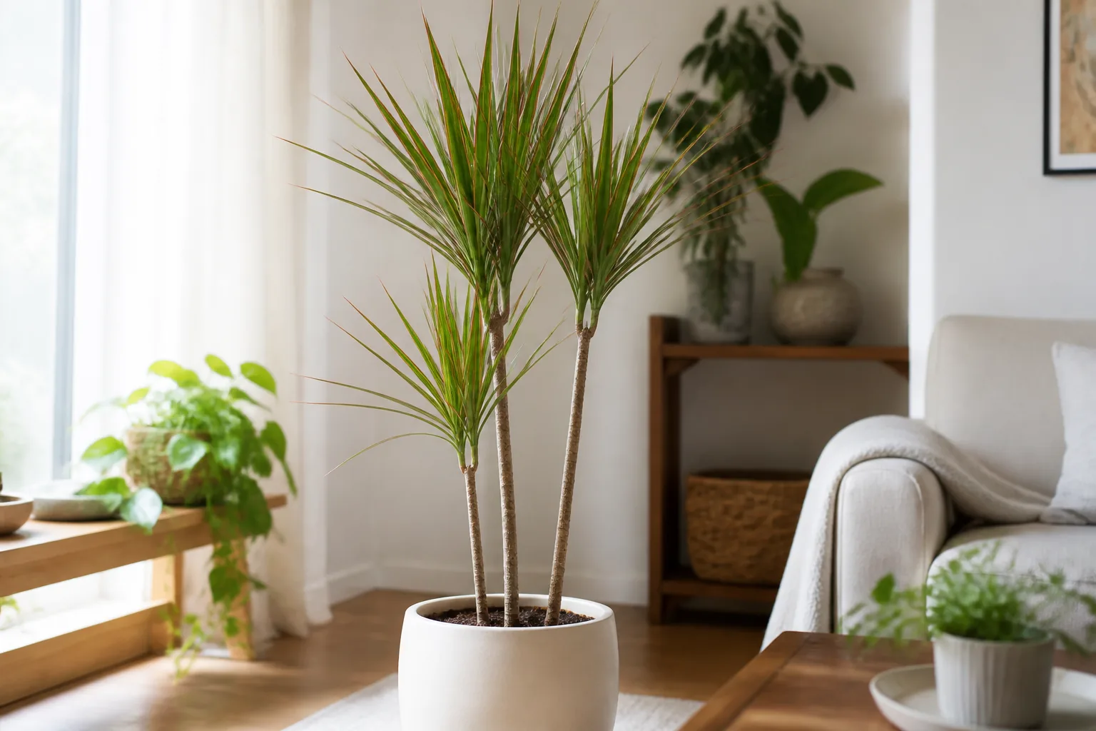Dracena marginat w jasnym salonie w doniczce, pokazująca smukły pokrój i dekoracyjne liście