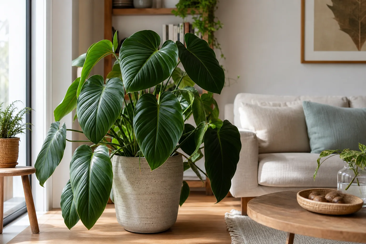 Filodendron w jasnym salonie jako efektowny element zielonej aranżacji mieszkania