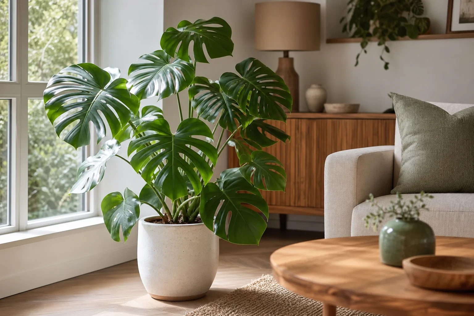 Duża monstera w donicy przy jasnym oknie w nowoczesnym salonie z naturalnymi dodatkami