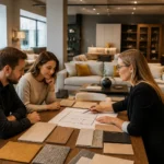 Salon meblowy z projektantem omawiającym układ mebli z klientami przy próbkach materiałów