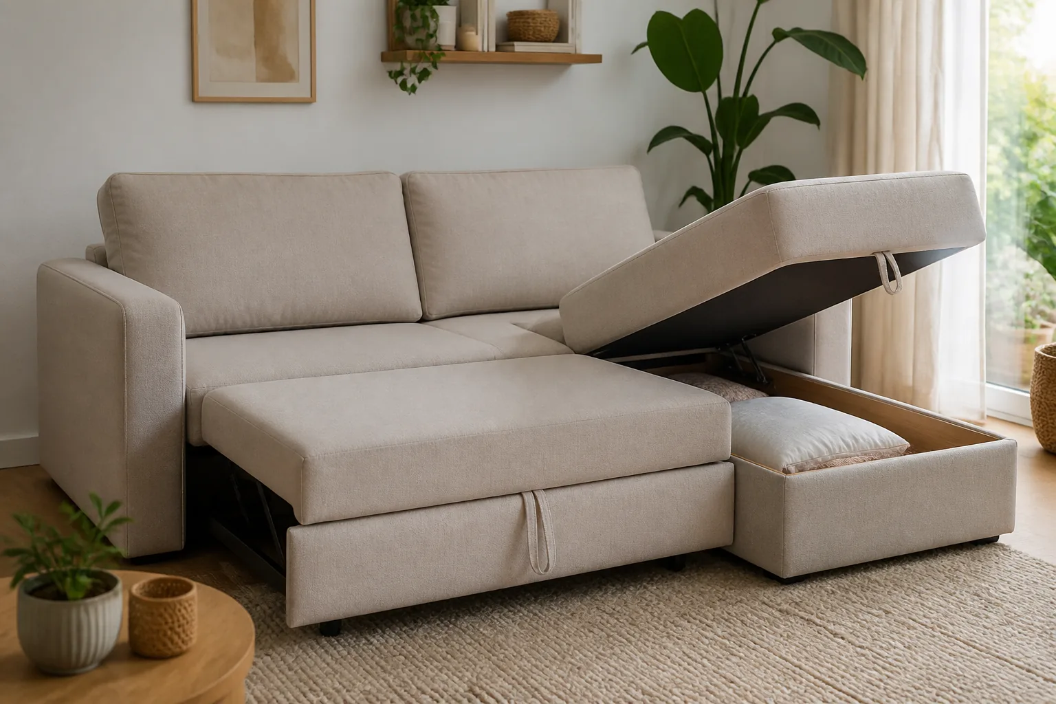 Sofa rozkładana z pojemnikiem w jasnym salonie, przygotowana do codziennego odpoczynku