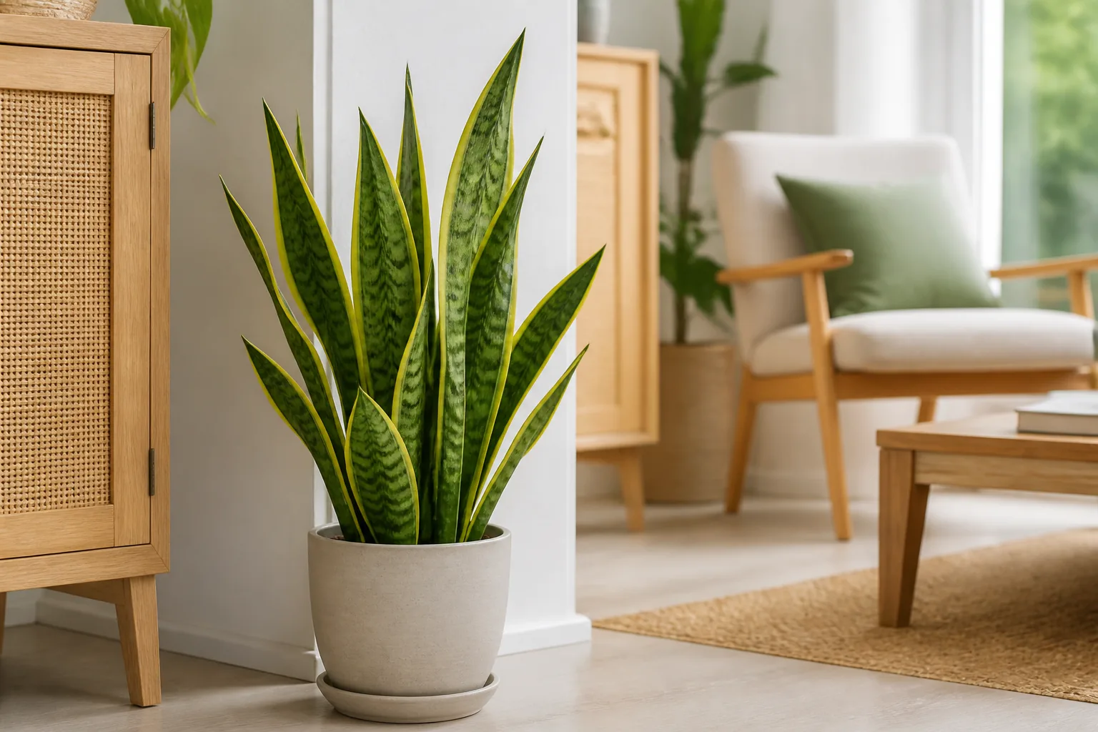 Trifasciata sansevieria w jasnym wnętrzu, w prostej doniczce na tle naturalnych mebli